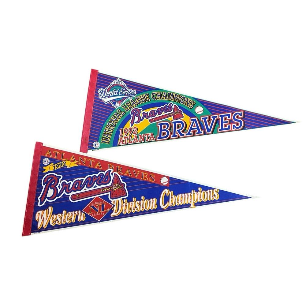 Vintage 90s Atlanta Braves MLB Penant Flags Set of 2